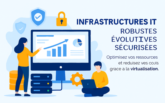 llustration représentant des infrastructures IT robustes pour PME : écran affichant des graphiques de performance, serveurs connectés, icônes de sécurité et virtualisation, avec deux professionnels travaillant sur un ordinateur.