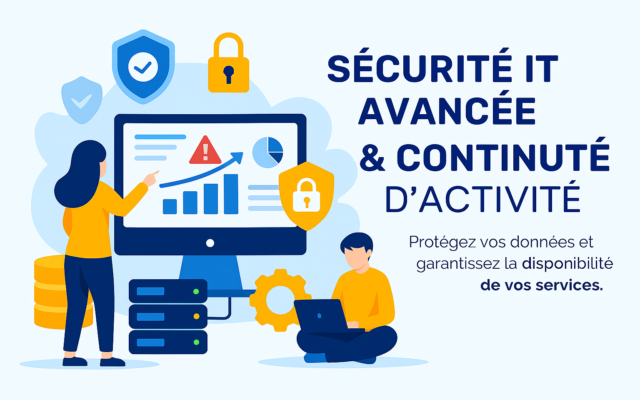 Illustration représentant la sécurité informatique et la continuité d’activité pour PME : écran affichant des alertes et des indicateurs de sécurité, serveurs connectés, boucliers avec cadenas, et deux professionnels travaillant sur des ordinateurs.