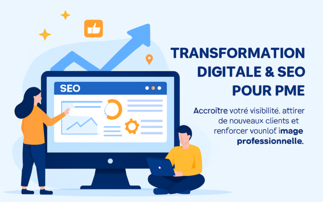 llustration représentant la transformation digitale des PME : tableau de bord SEO affiché sur écran, flèche ascendante symbolisant la croissance, deux professionnels travaillant sur un site web et des stratégies digitales